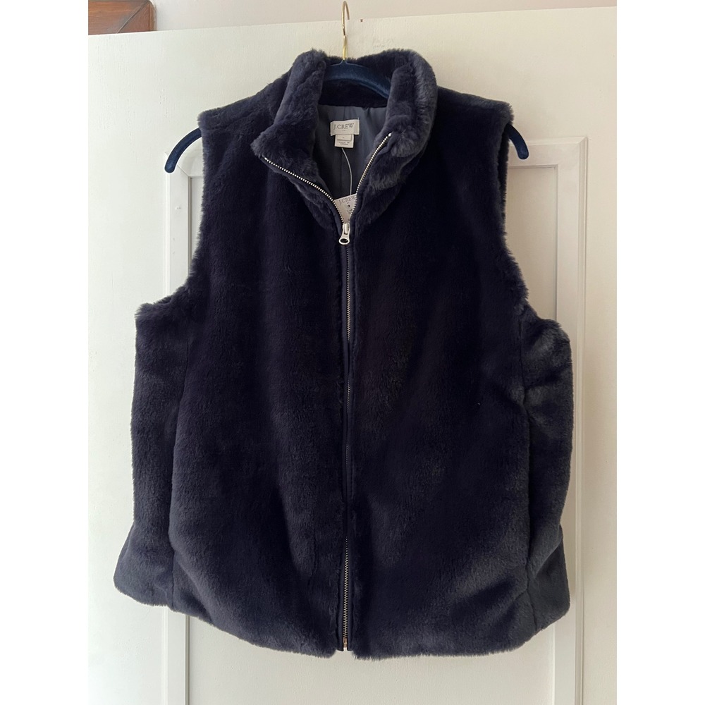 J.Crew Womens Navy Blue Faux Fur Full Zip Vest Size L NEW